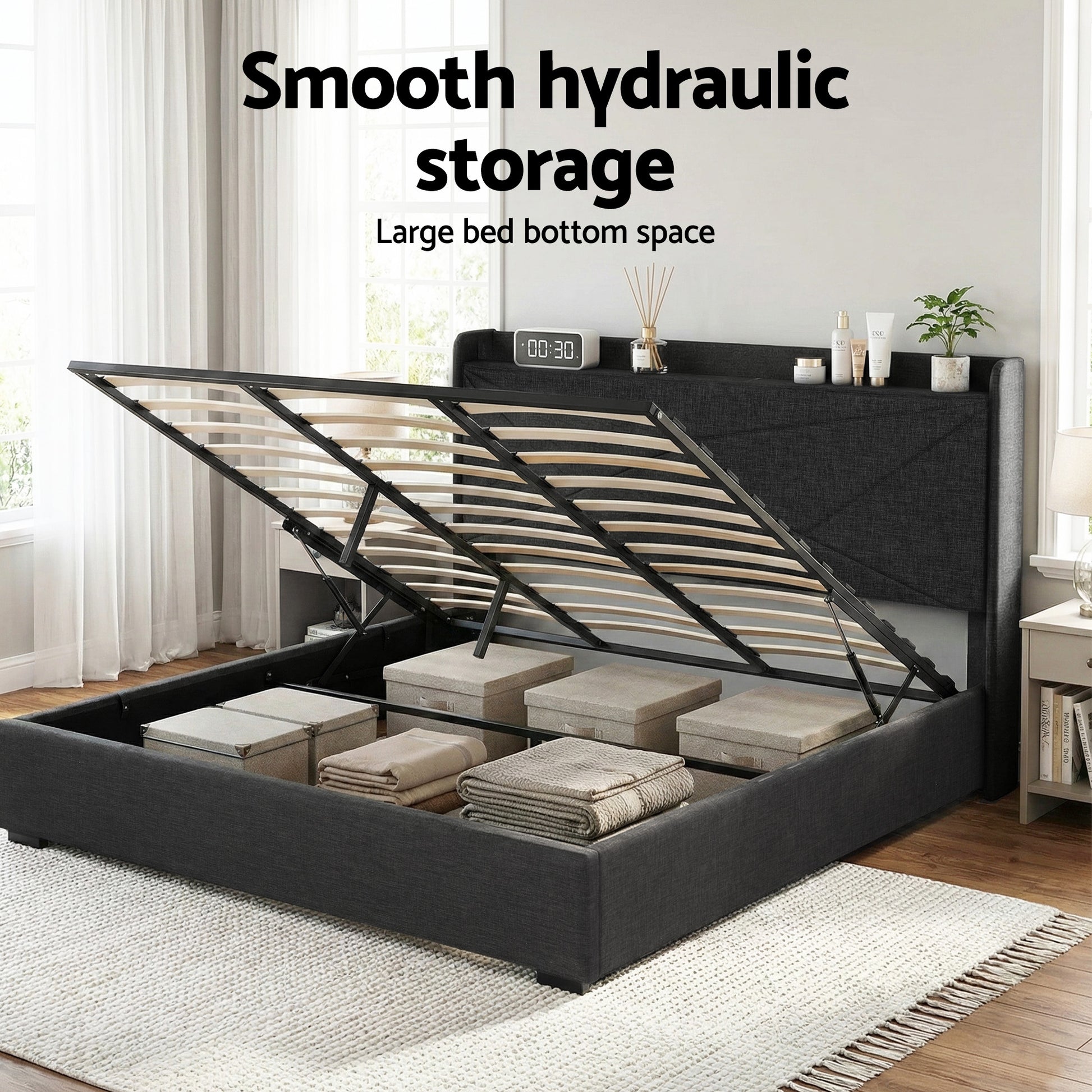 Moree King Gas Lift Bed Frame with Charging Station - Charcoal-8