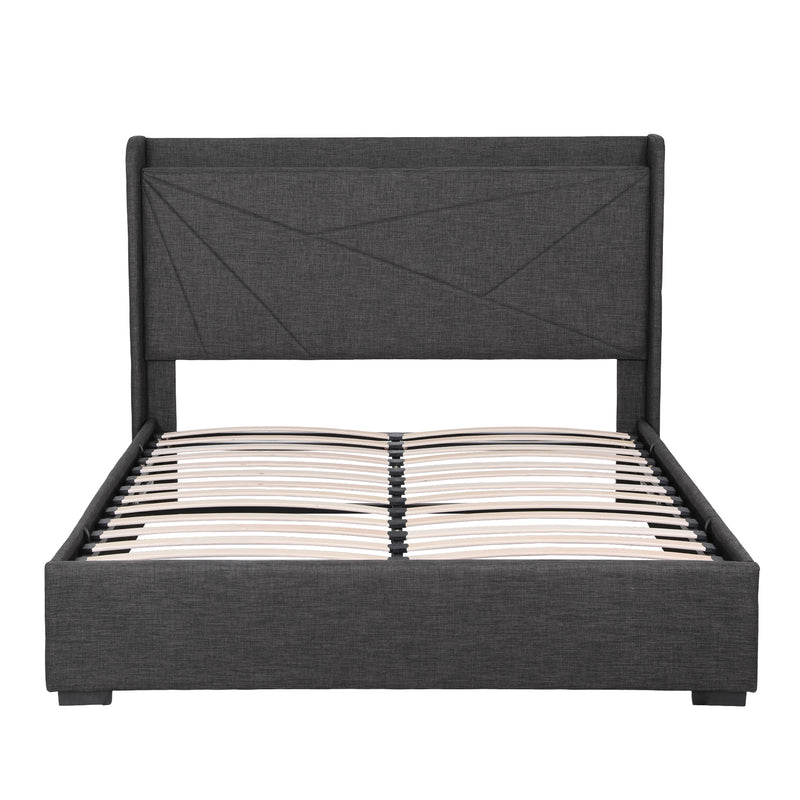 Queen Bed Frame Gas Lift Storage Bed with Charging Ports Upholstered Geometric Headboard Charcoal Grey-3