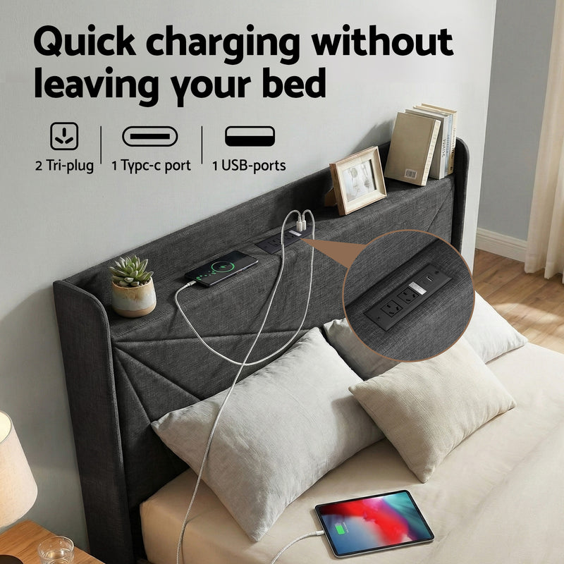 Queen Bed Frame Gas Lift Storage Bed with Charging Ports Upholstered Geometric Headboard Charcoal Grey-4