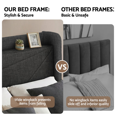 Queen Bed Frame Gas Lift Storage Bed with Charging Ports Upholstered Geometric Headboard Charcoal Grey