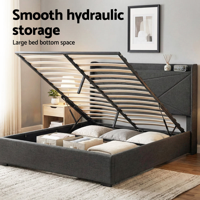 Queen Bed Frame Gas Lift Storage Bed with Charging Ports Upholstered Geometric Headboard Charcoal Grey-6