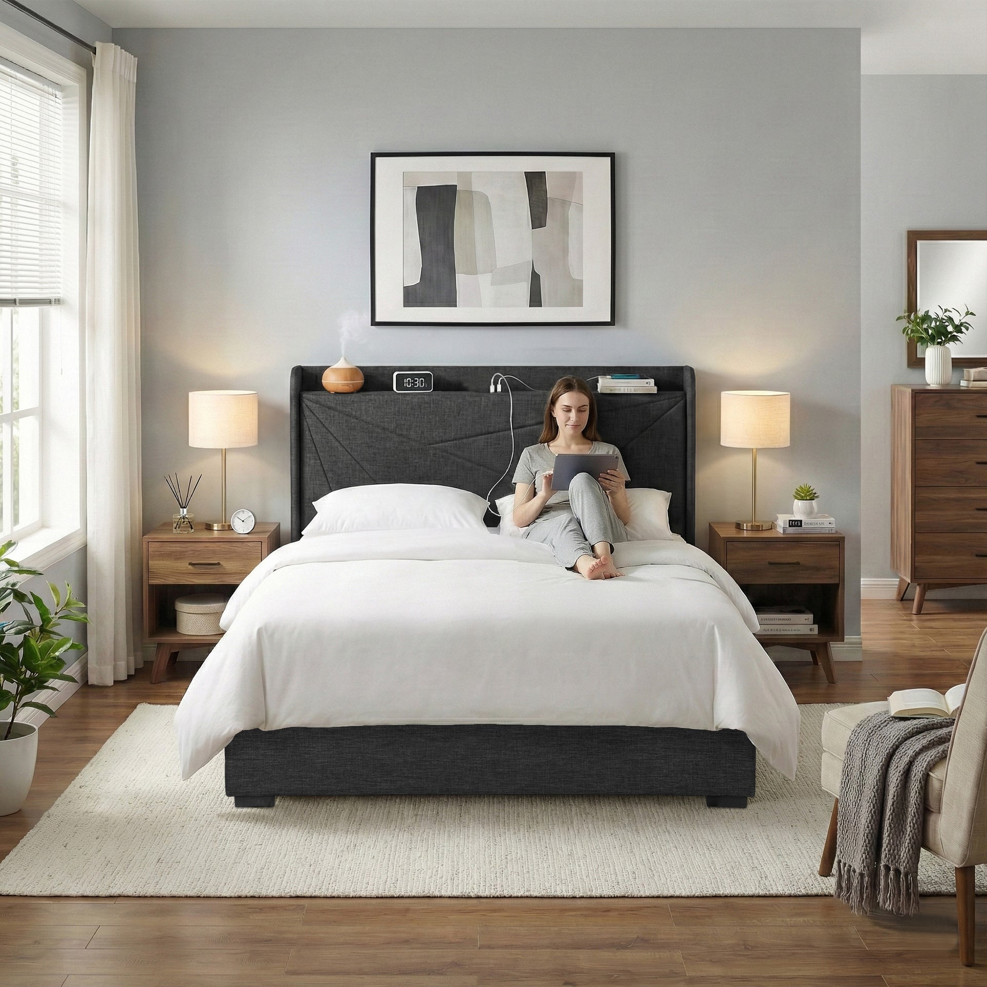 Moree Queen Gas Lift Bed Frame with Charging Station - Charcoal