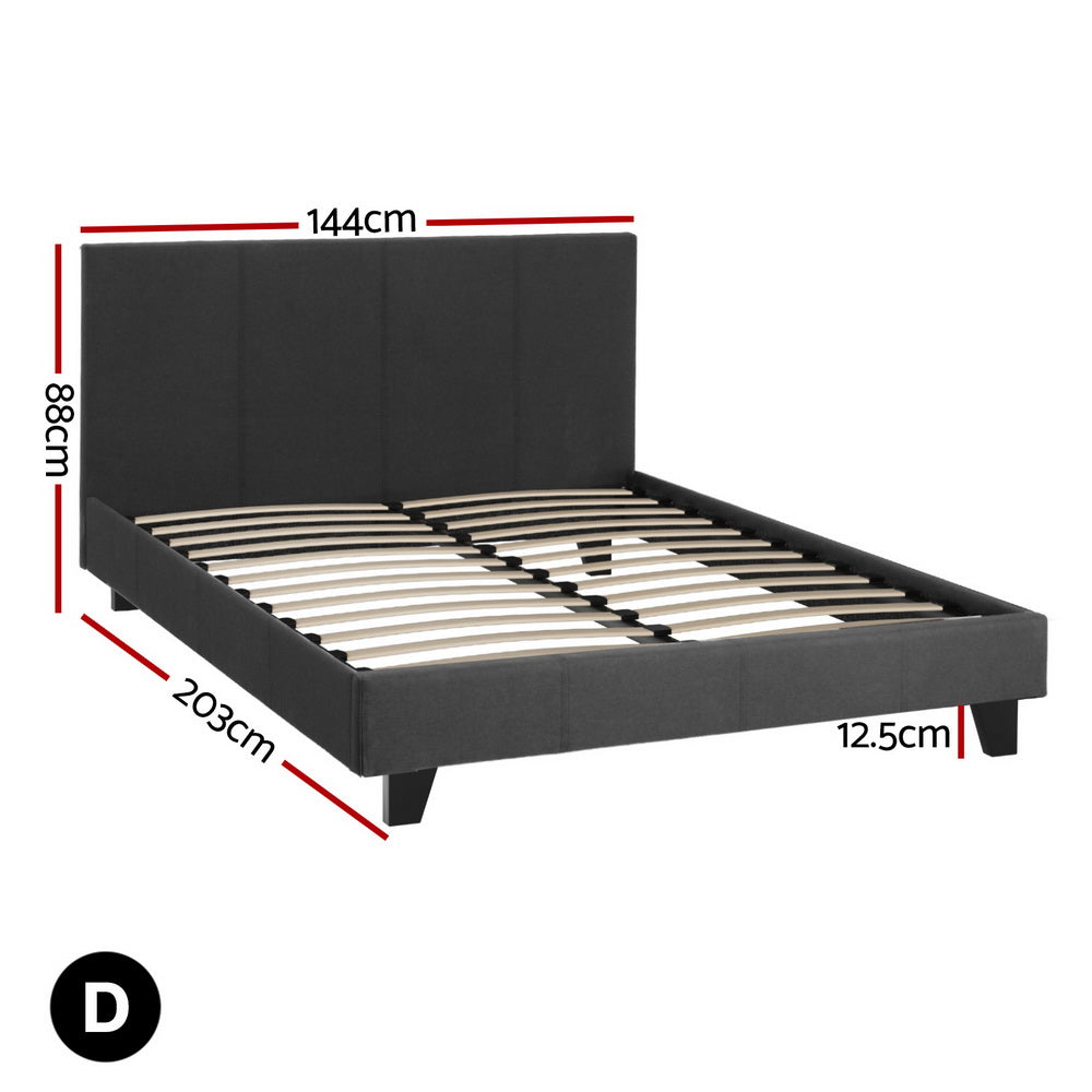 Coogee Double Bed Frame Grey with upholstered headboard, wooden slats, and sturdy angled legs shown with dimensions.