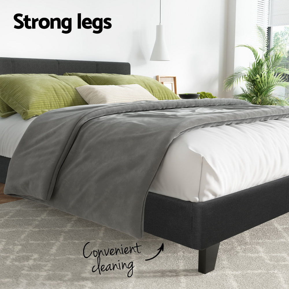 Coogee Double Bed Frame Grey with modern upholstered design, strong legs, and easy-to-clean space underneath in a bedroom setting