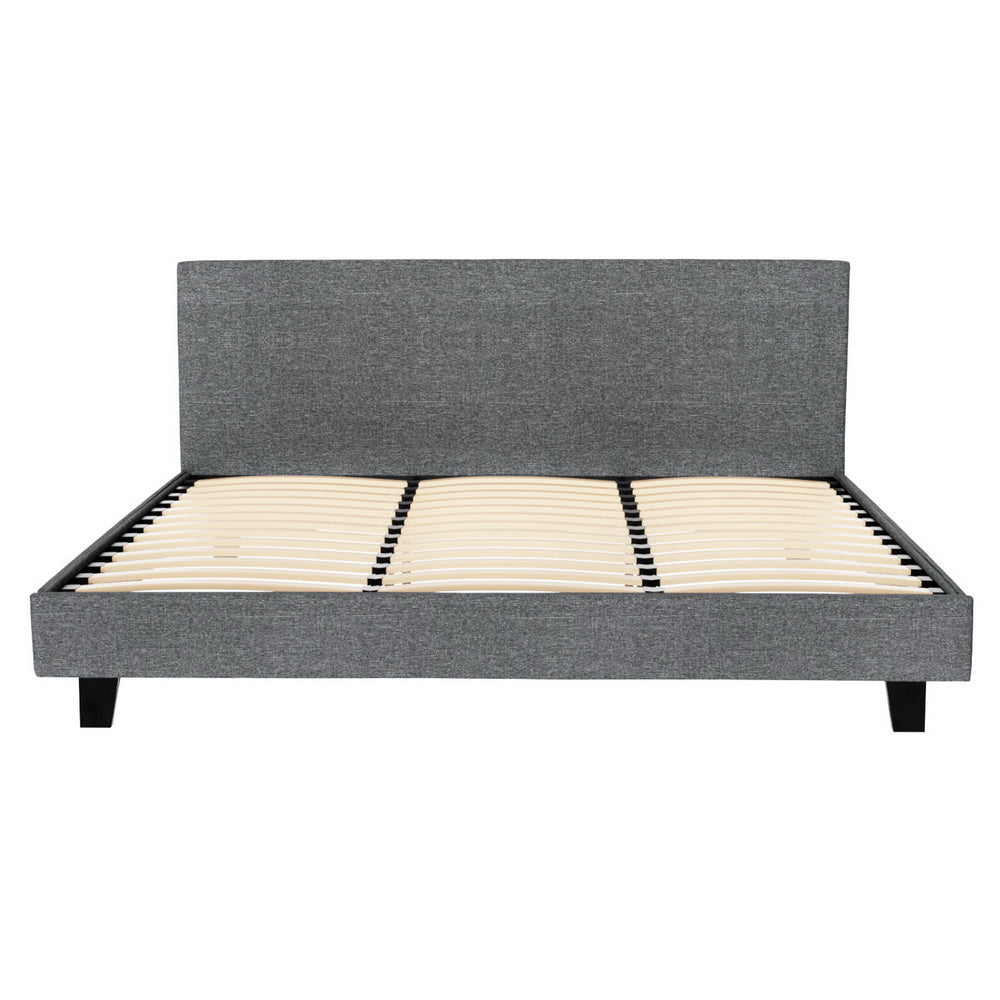 Coogee King Bed Frame Grey with upholstered headboard, wooden slats, and sturdy black legs in modern bedroom furniture style