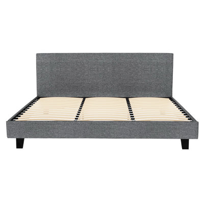 Coogee King Bed Frame Grey with upholstered headboard, wooden slats, and sturdy black legs in modern bedroom furniture style