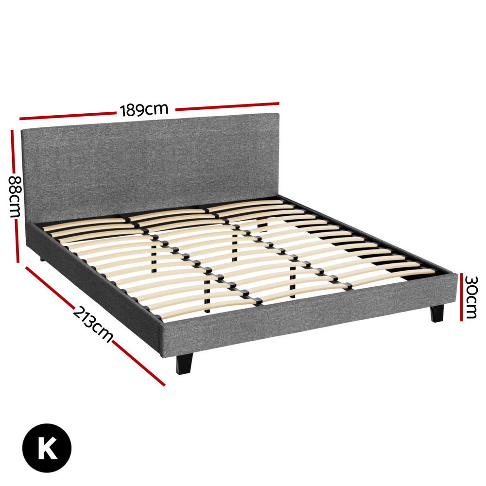 Coogee King Bed Frame Grey with upholstered headboard, wooden slats, and sturdy black legs for bedroom furniture.