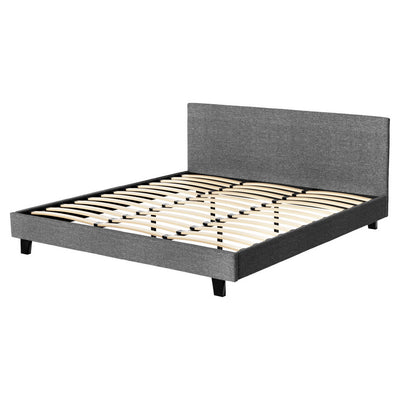 Coogee King Bed Frame Grey with upholstered fabric, wooden slats, and sturdy black legs for modern bedroom furniture.
