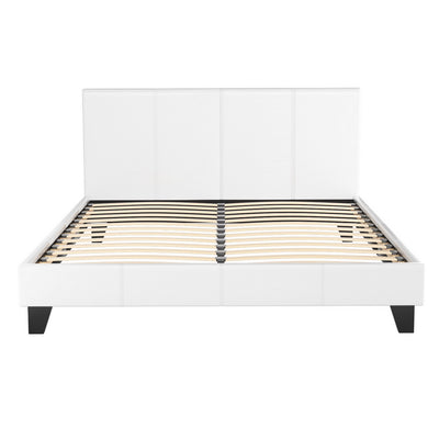 Coogee Queen Bed Frame White with sleek upholstered headboard, wooden slats, and black angled legs for modern bedroom furniture.