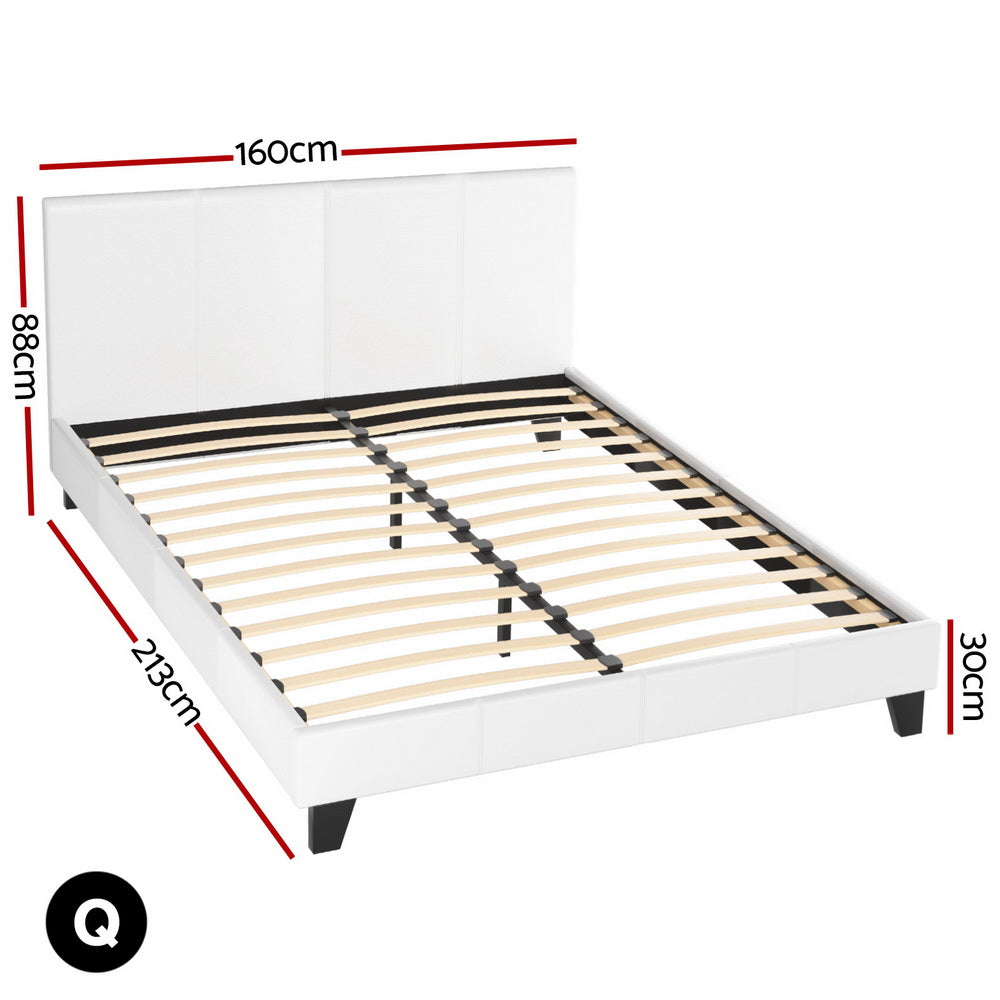 Coogee Queen Bed Frame White with wooden slats, modern white upholstery, black legs, and dimensions shown on white background