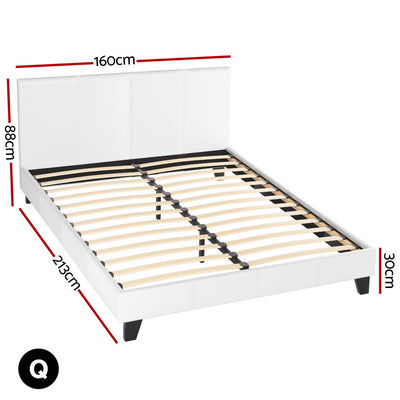 Coogee Queen Bed Frame White with wooden slats, modern white upholstery, black legs, and dimensions shown on white background