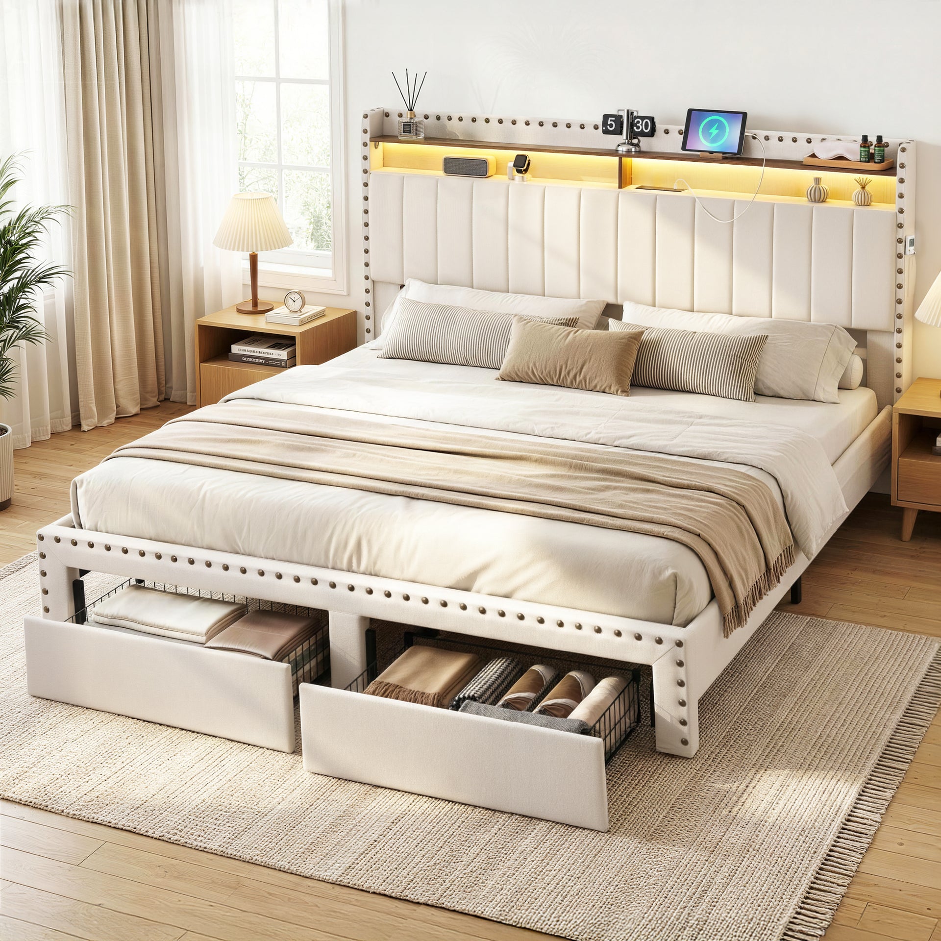 Nouvea King Bed Frame with Storage Drawers, LED Lighting and USB Charging - Beige
