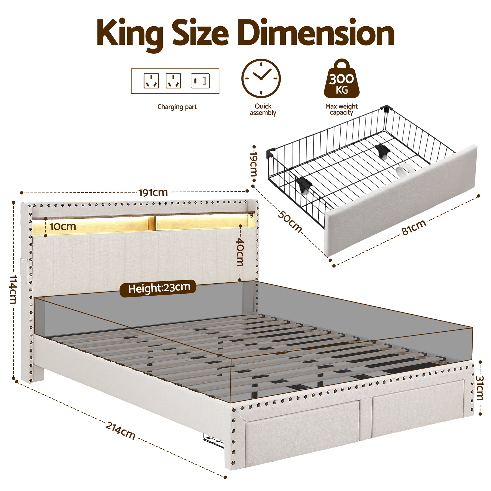 Nouvea King Bed Frame with Storage Drawers, LED Lighting and USB Charging - Beige