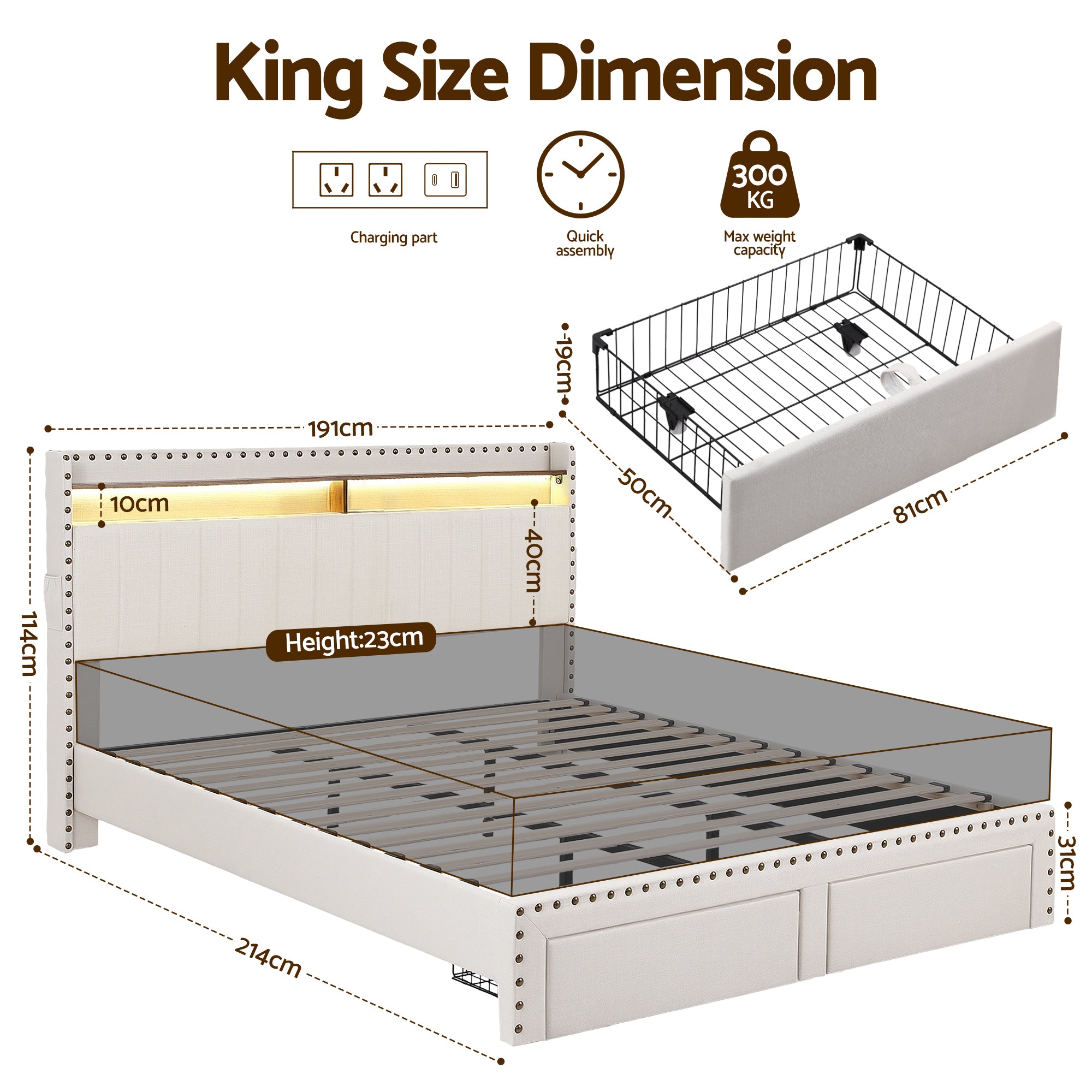 King Package | Nouvea LED Storage Bed Frame Beige & Serenity Euro Top Mattress (Medium Firm)