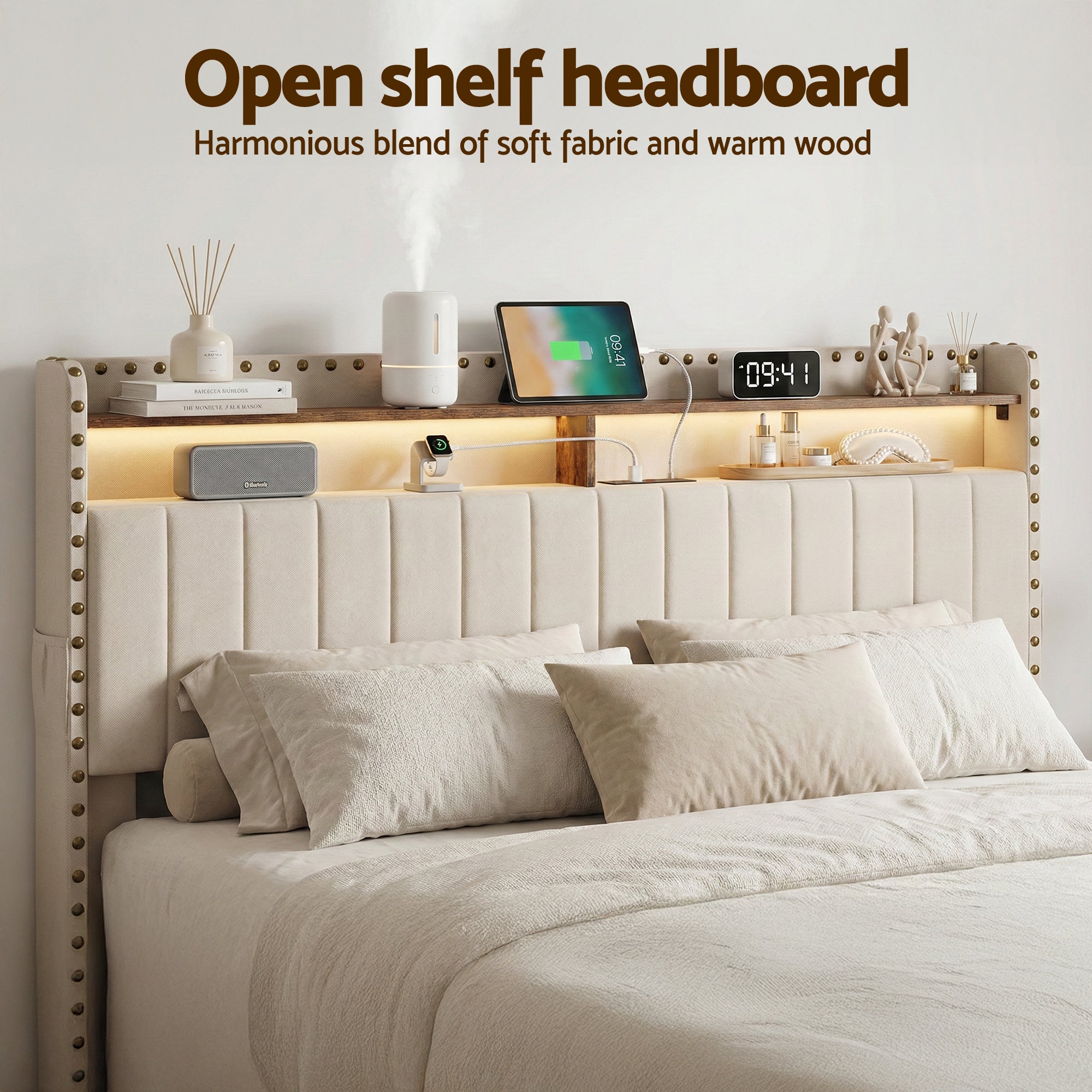 King Package | Nouvea LED Storage Bed Frame Beige & Serenity Euro Top Mattress (Medium Firm)