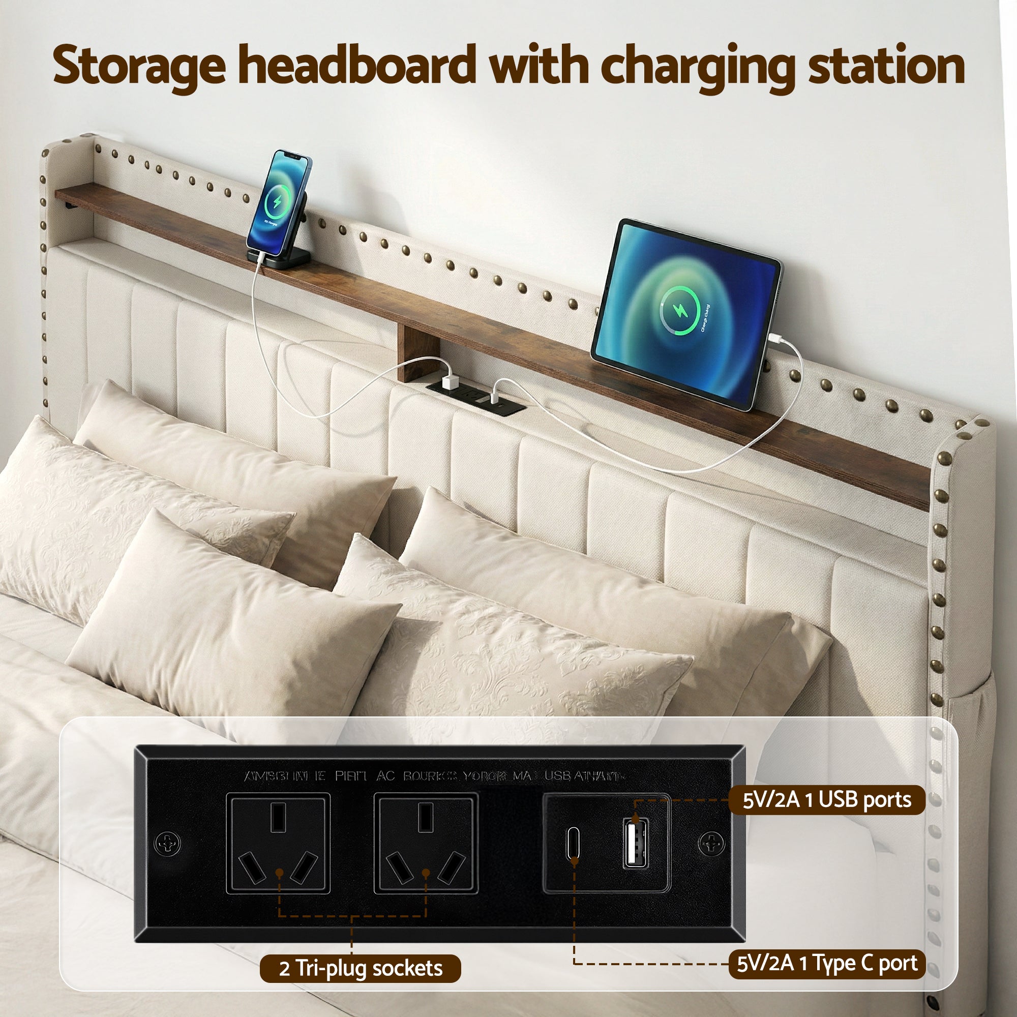 King Package | Nouvea LED Storage Bed Frame Beige & Serenity Euro Top Mattress (Medium Firm)