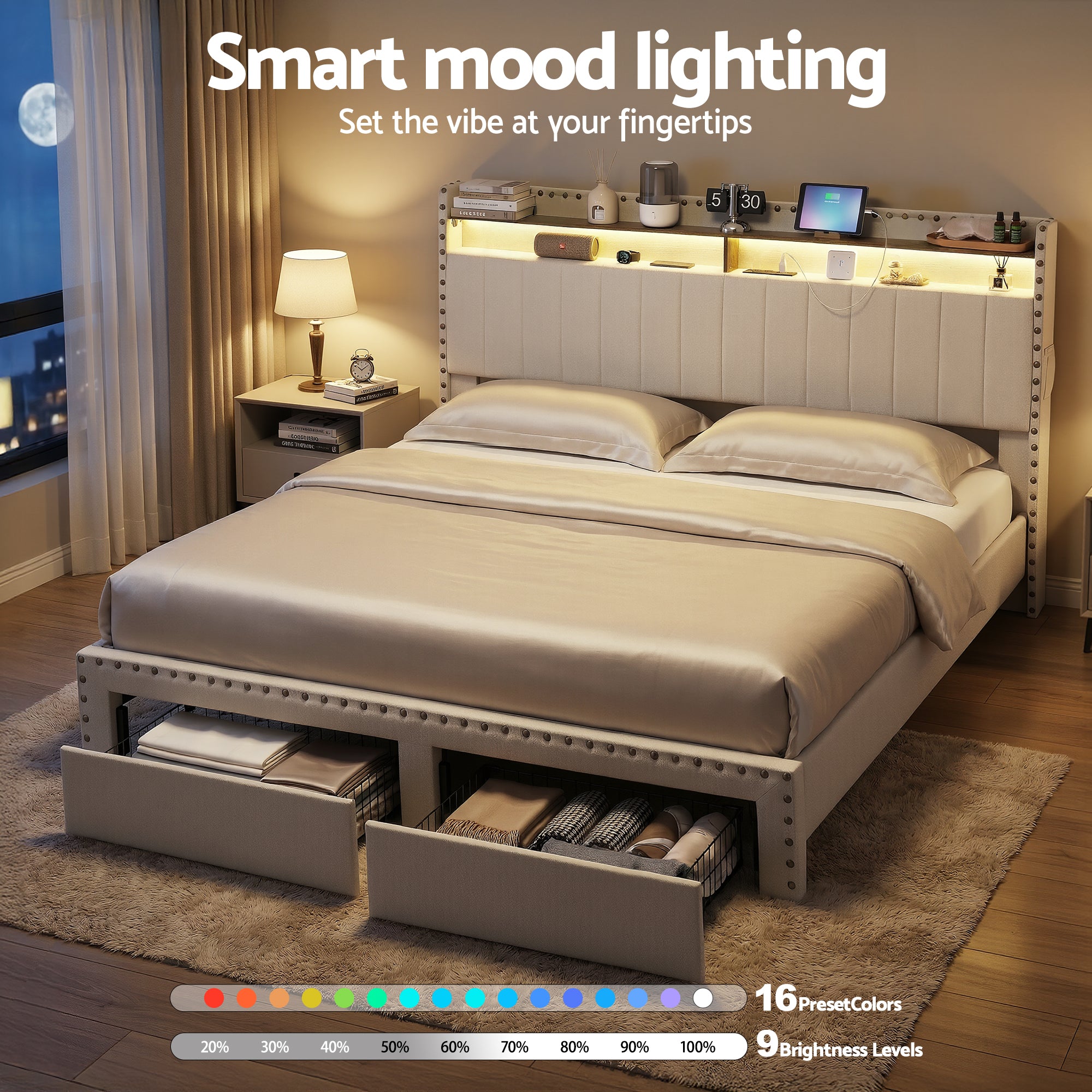 King Package | Nouvea LED Storage Bed Frame Beige & Serenity Euro Top Mattress (Medium Firm)