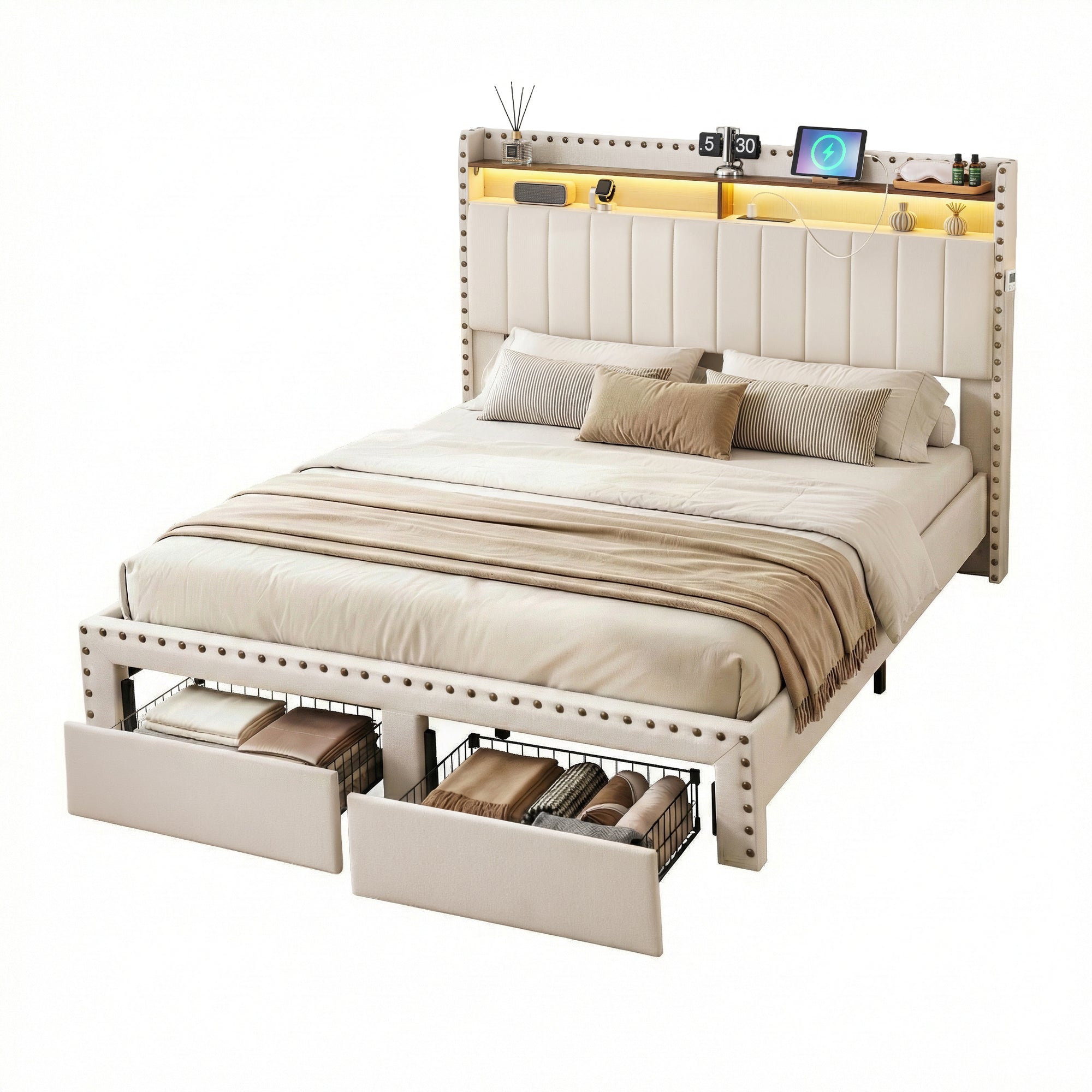King Package | Nouvea LED Storage Bed Frame Beige & Serenity Euro Top Mattress (Medium Firm)