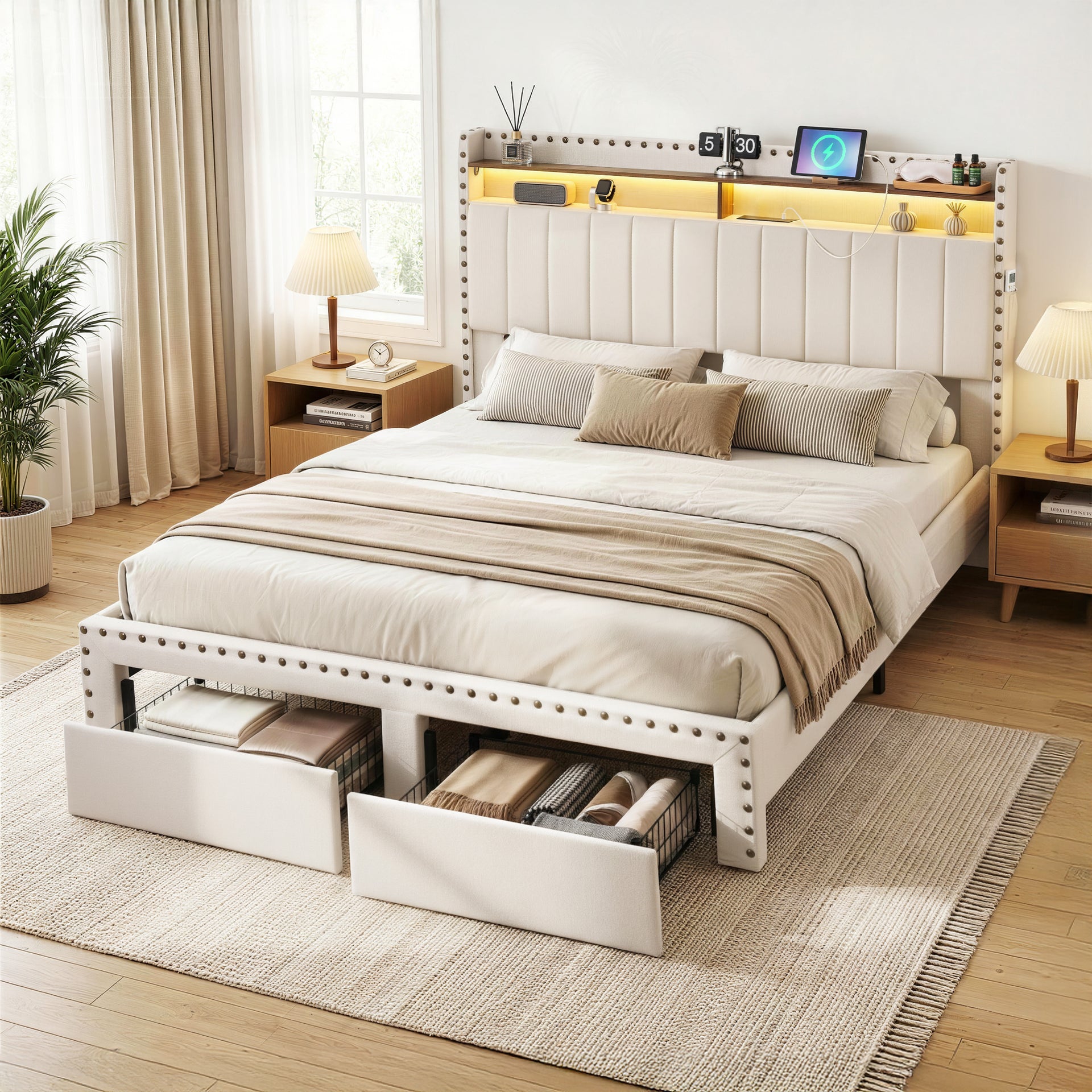 Nouvea Queen Bed Frame with Storage Drawers, LED Lighting and USB Charging - Beige