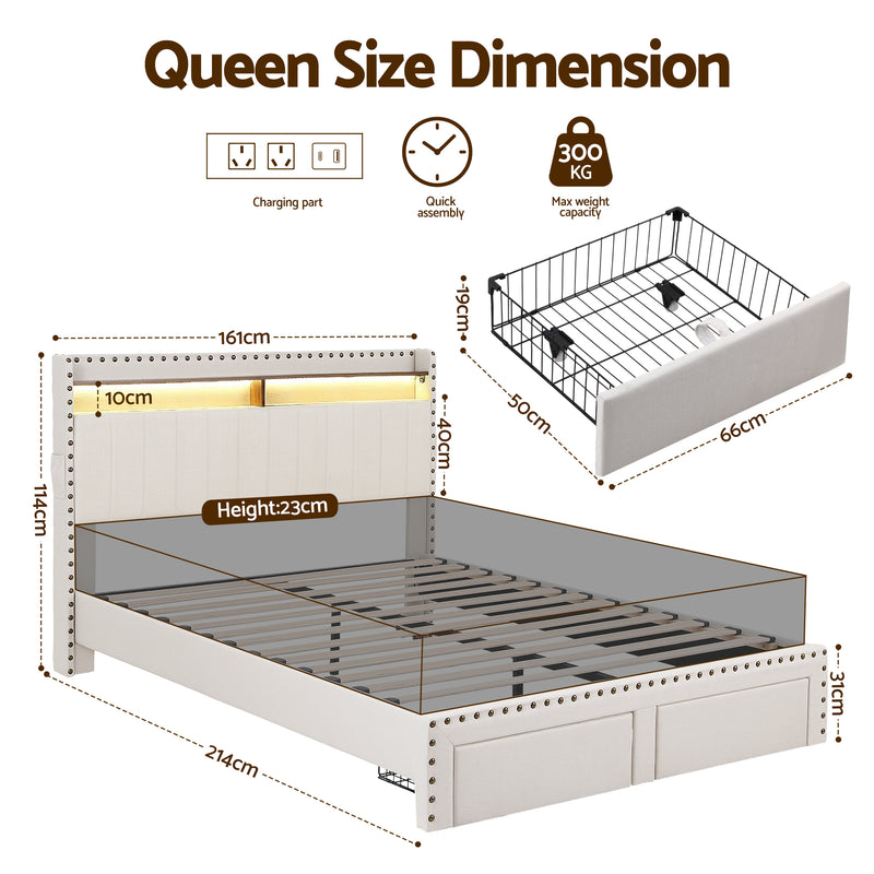 Nouvea Queen Bed Frame with Storage Drawers, LED Lighting and USB Charging - Beige-2