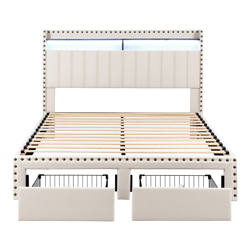 Nouvea Queen Bed Frame with Storage Drawers, LED Lighting and USB Charging - Beige-3