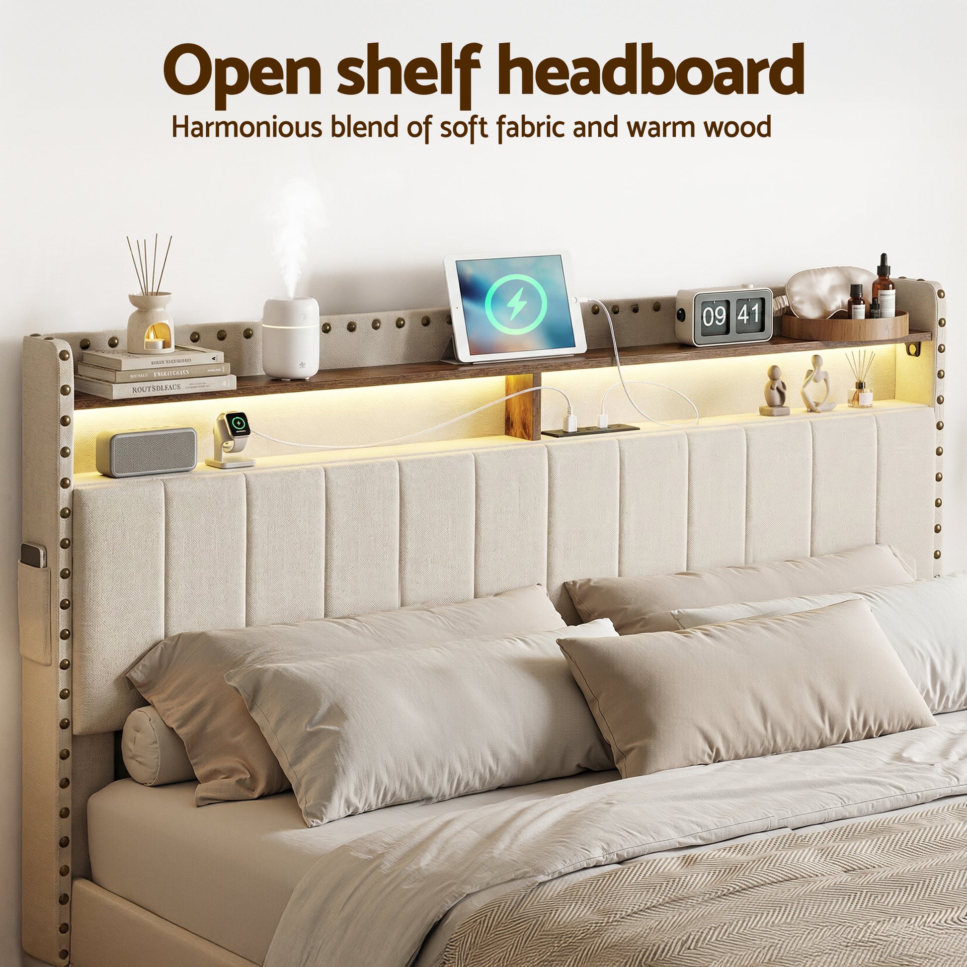 Nouvea Queen Bed Frame with Storage Drawers, LED Lighting and USB Charging - Beige-4