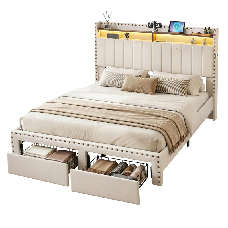 Nouvea Queen Bed Frame with Storage Drawers, LED Lighting and USB Charging - Beige-9