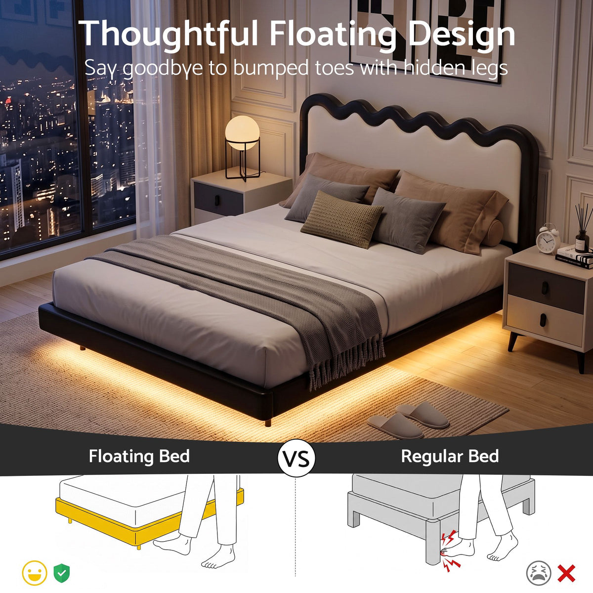 Double Floating Bed Frame with RGB LED and USB Charging - Black and Beige
