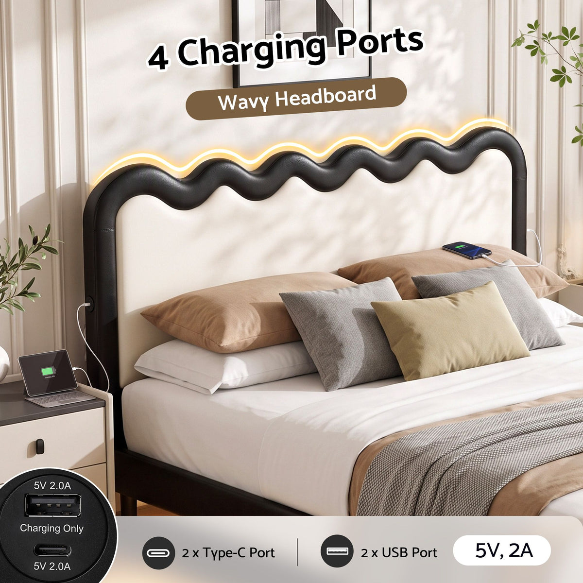 Double Floating Bed Frame with RGB LED and USB Charging - Black and Beige