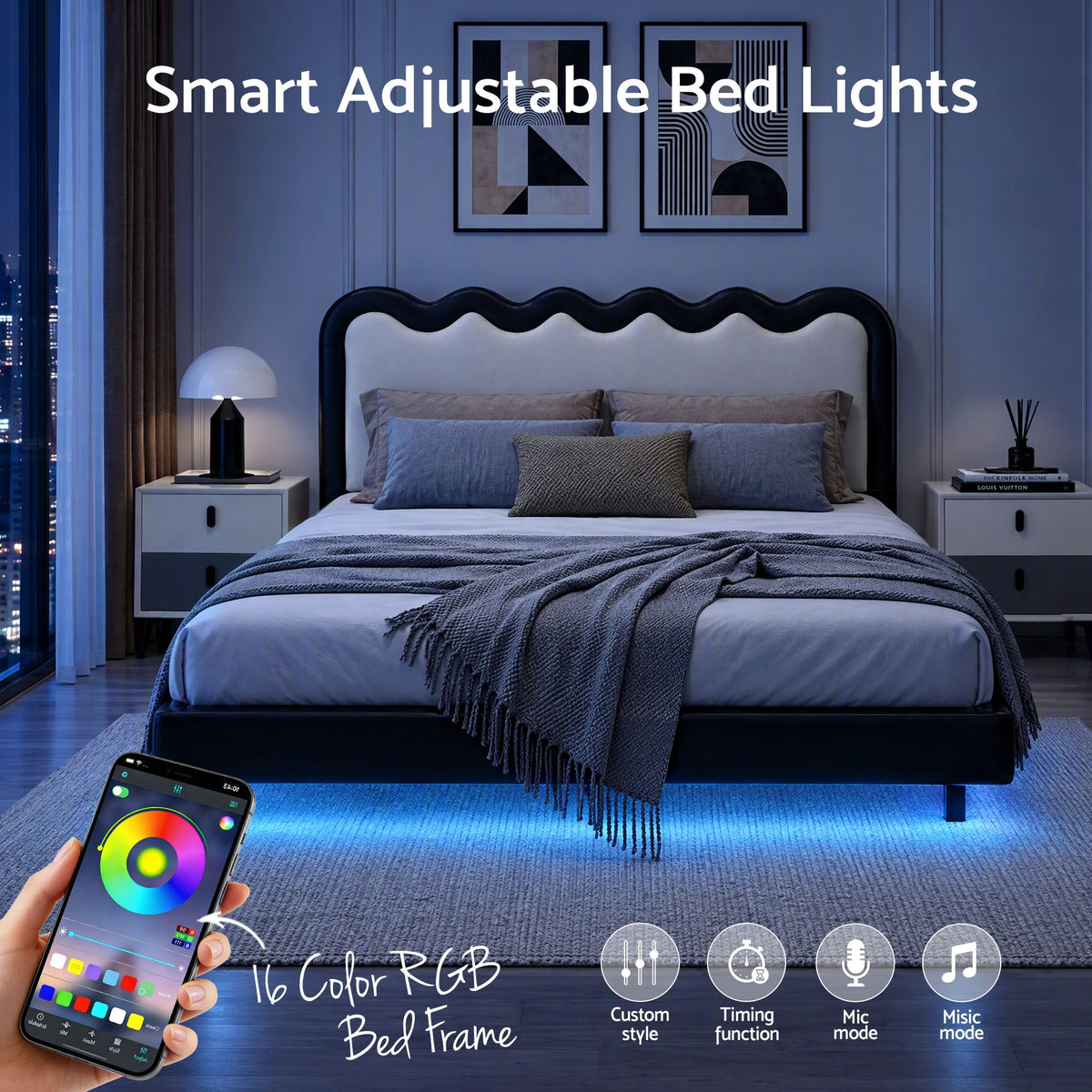 Queen Floating Bed Frame with RGB LED and USB Charging - Black and Beige