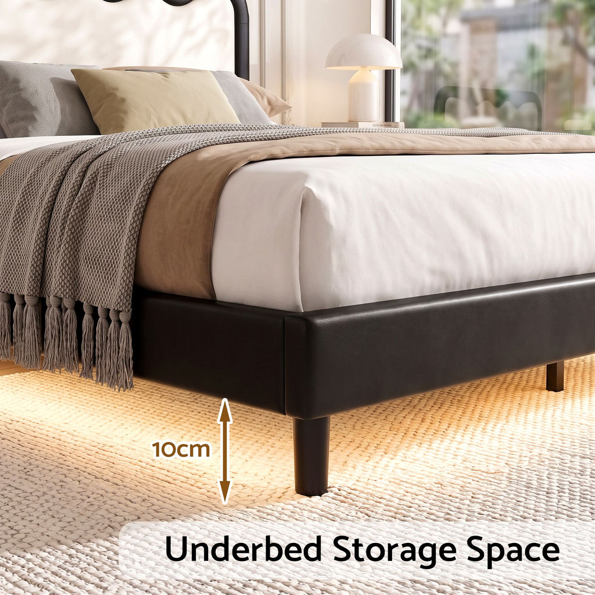Queen Floating Bed Frame with RGB LED and USB Charging - Black and Beige