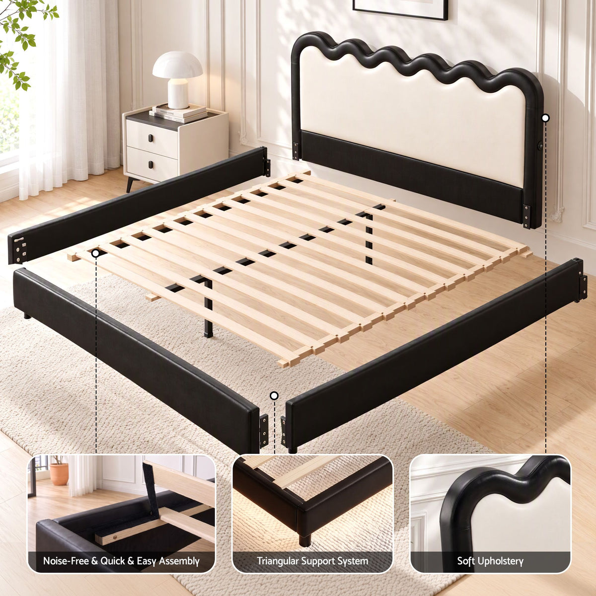 Queen Floating Bed Frame with RGB LED and USB Charging - Black and Beige