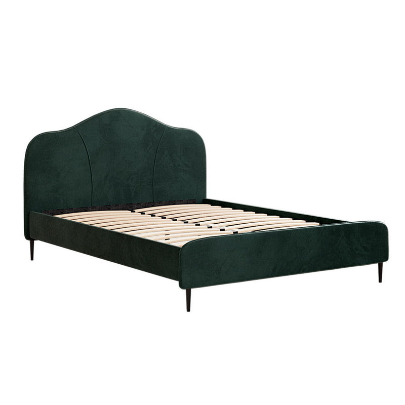 Daintree Queen Velvet Bed Frame - Dark Green with curved velvet headboard, wooden slats, and slim legs for bedroom furniture