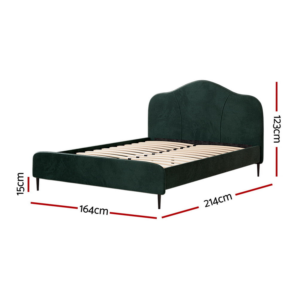Daintree Queen Velvet Bed Frame - Dark Green with curved headboard and wooden slats, dimensions shown on white background