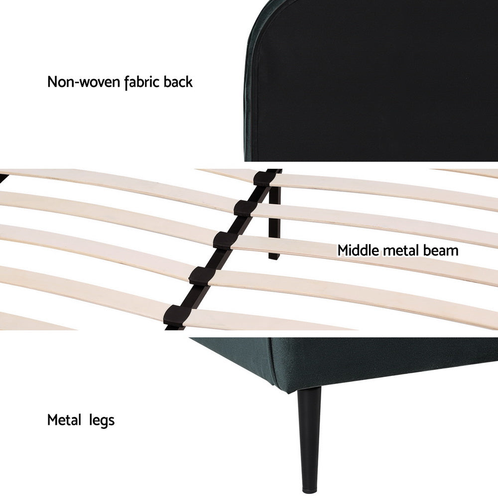 Detailed view of Daintree Queen Velvet Bed Frame - Dark Green showing metal legs, middle beam, wooden slats, and fabric back