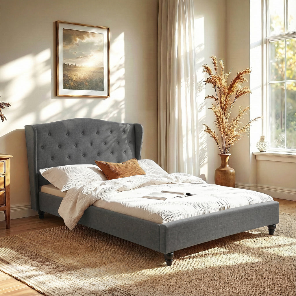 Pierre Double Bed Frame with Wingback Headboard – Grey in a bright bedroom setting with bedding and decorative accents