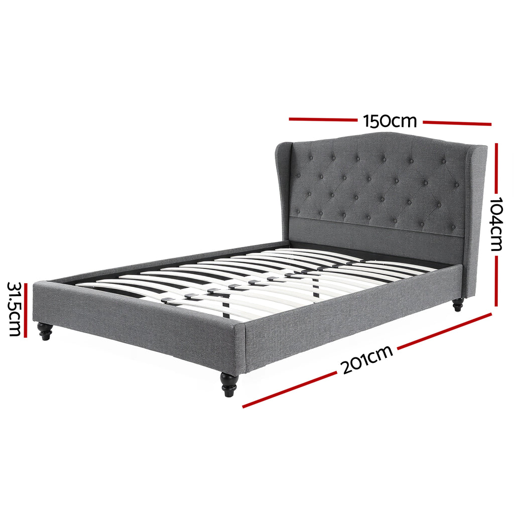 Pierre Double Bed Frame with Wingback Headboard – Grey in soft grey fabric with padded headboard and wooden slats