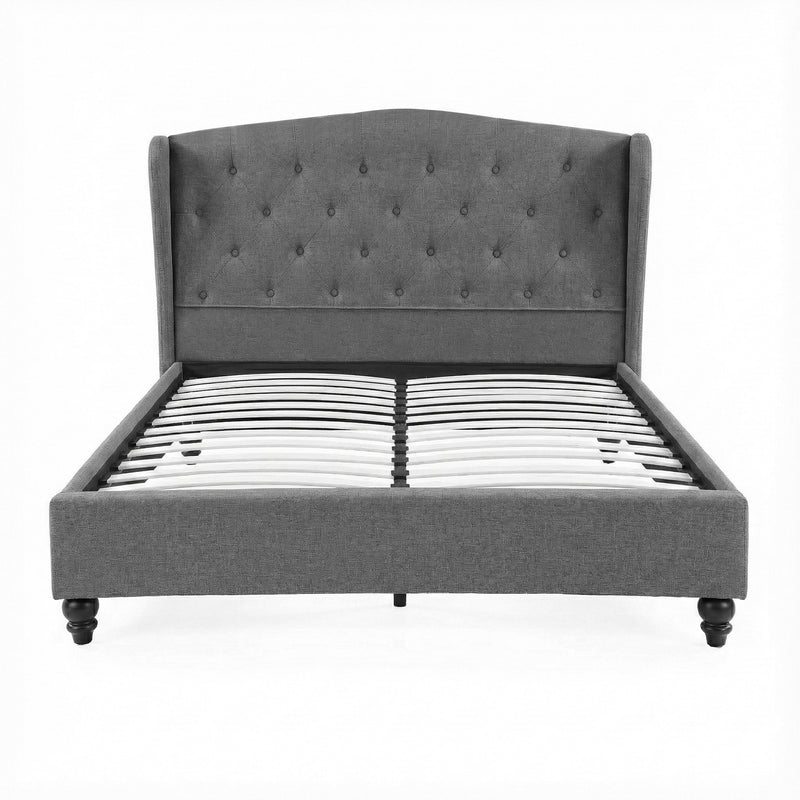 Pierre Double Bed Frame with Wingback Headboard – Grey, tufted fabric, wooden slats, and turned legs in bedroom furniture style
