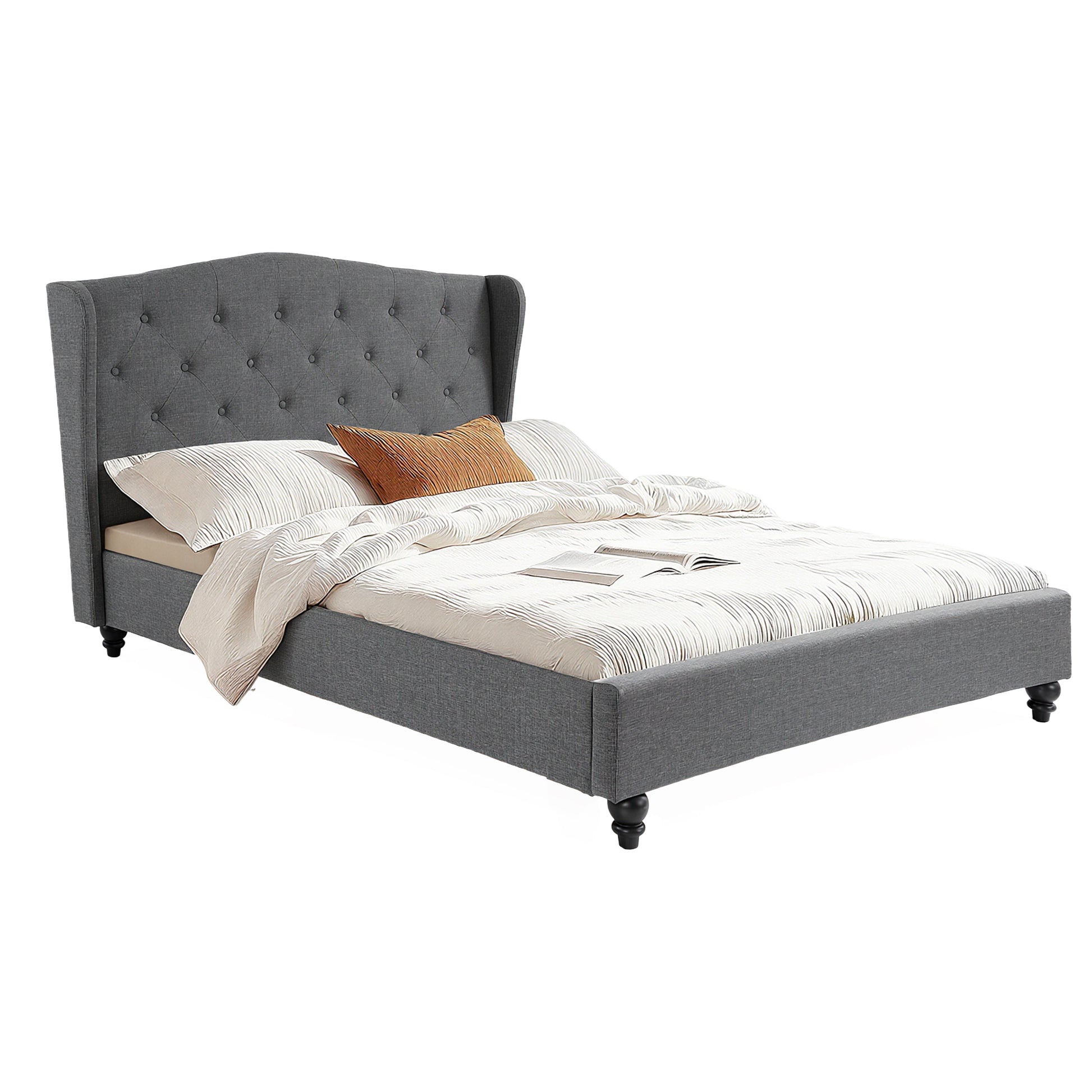 Pierre Double Bed Frame with Wingback Headboard – Grey, upholstered bed with button-tufted headboard and wooden legs.