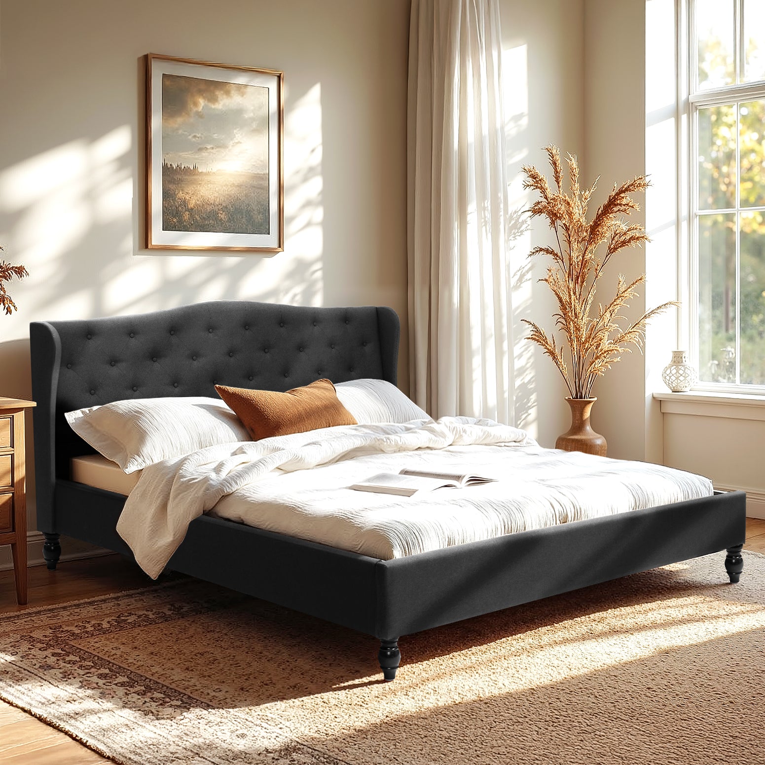 King Bed Frame Wingback Headboard Charcoal Grey Linen Upholstered Platform Bed Base