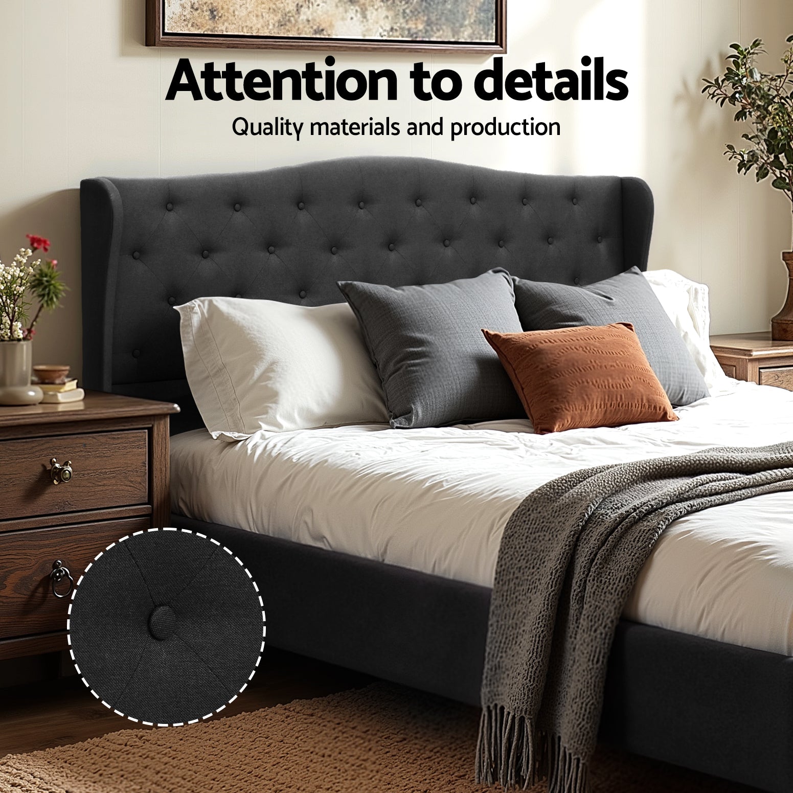 King Bed Frame Wingback Headboard Charcoal Grey Linen Upholstered Platform Bed Base