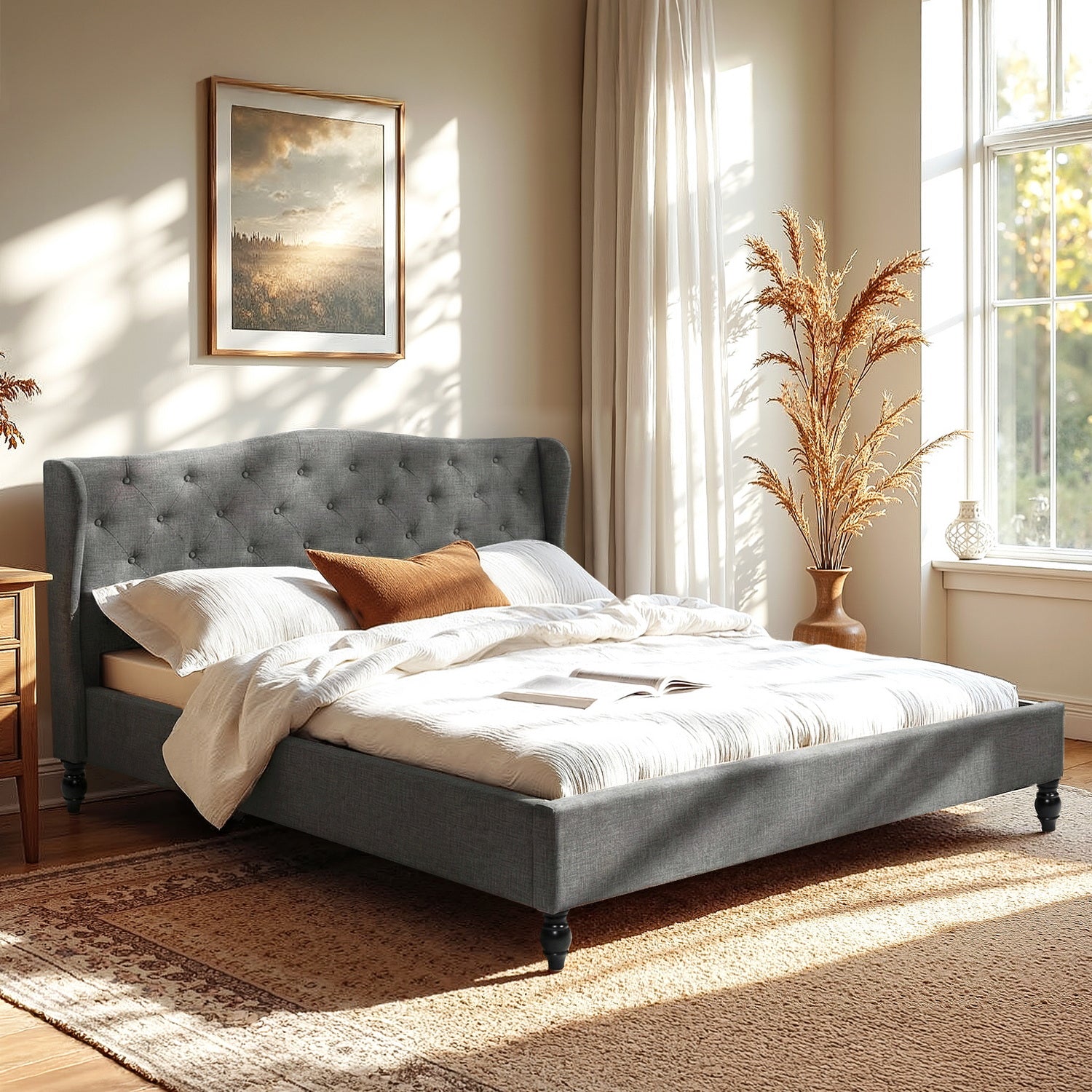 Pierre King Bed Frame with Wingback Headboard – Grey in sunlit bedroom with tufted fabric and wooden legs