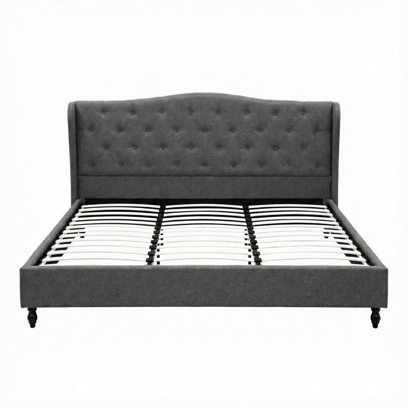 Pierre King Bed Frame with Wingback Headboard – Grey, upholstered with button tufting and wooden slats, shown on white background