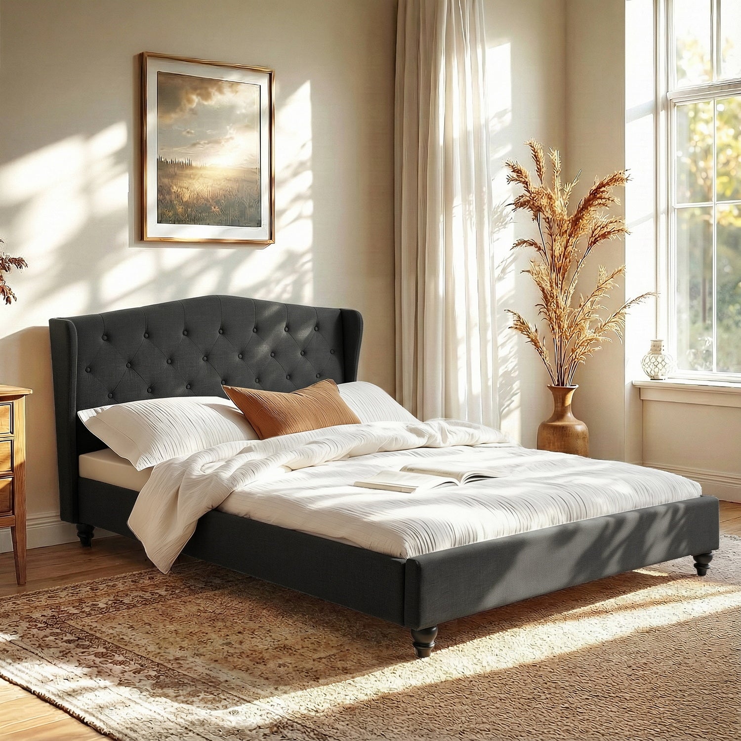Pierre Queen Bed Frame with Wingback Headboard – Charcoal