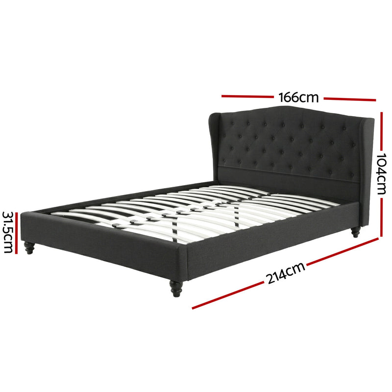 Pierre Queen Bed Frame with Wingback Headboard – Charcoal, tufted design, wooden slats, and turned legs for bedroom furniture.