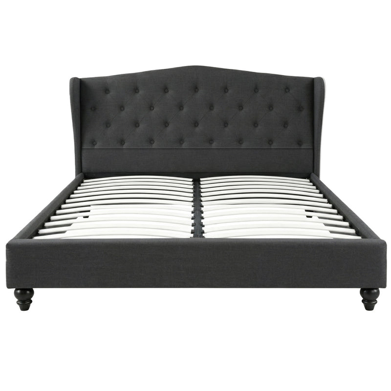 Pierre Queen Bed Frame with Wingback Headboard – Charcoal upholstered bed frame with wooden slats and button-tufted headboard