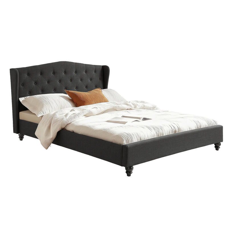 Pierre Queen Bed Frame with Wingback Headboard – Charcoal, tufted headboard, upholstered bed frame with wooden legs in bedroom setting