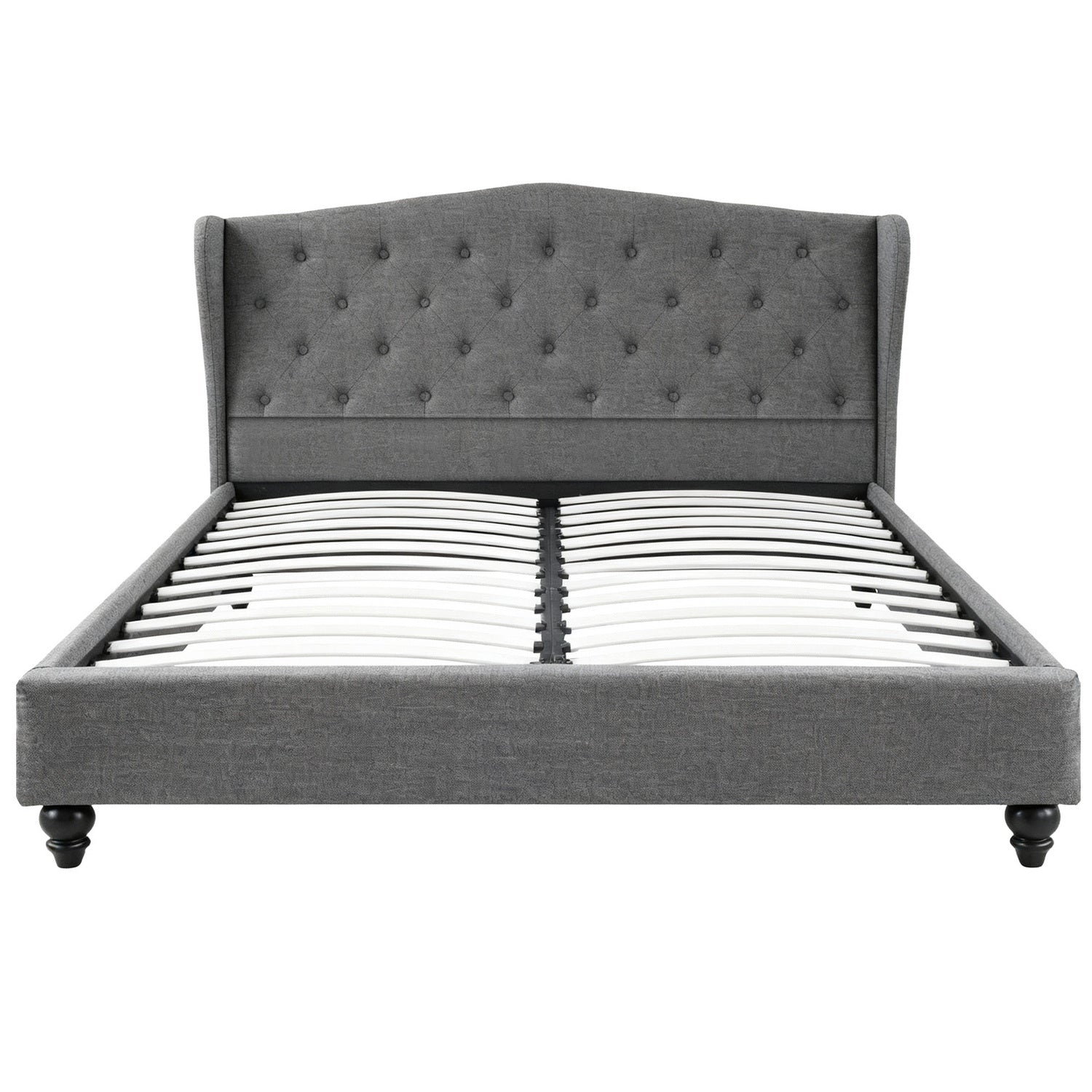 Pierre Queen Bed Frame with Wingback Headboard – Grey, tufted padded headboard, wooden slats, and bedroom furniture design