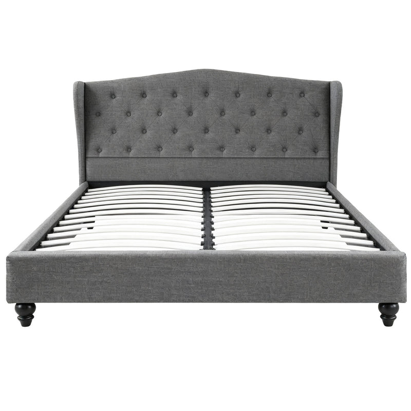 Pierre Queen Bed Frame with Wingback Headboard – Grey, tufted padded headboard, wooden slats, and bedroom furniture design