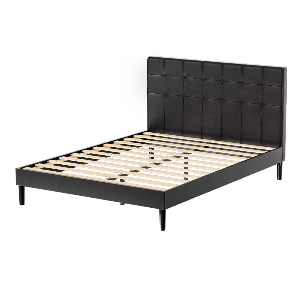 Manly Double LED Bed Frame With Charge Ports Black featuring upholstered headboard and wooden slats on white background